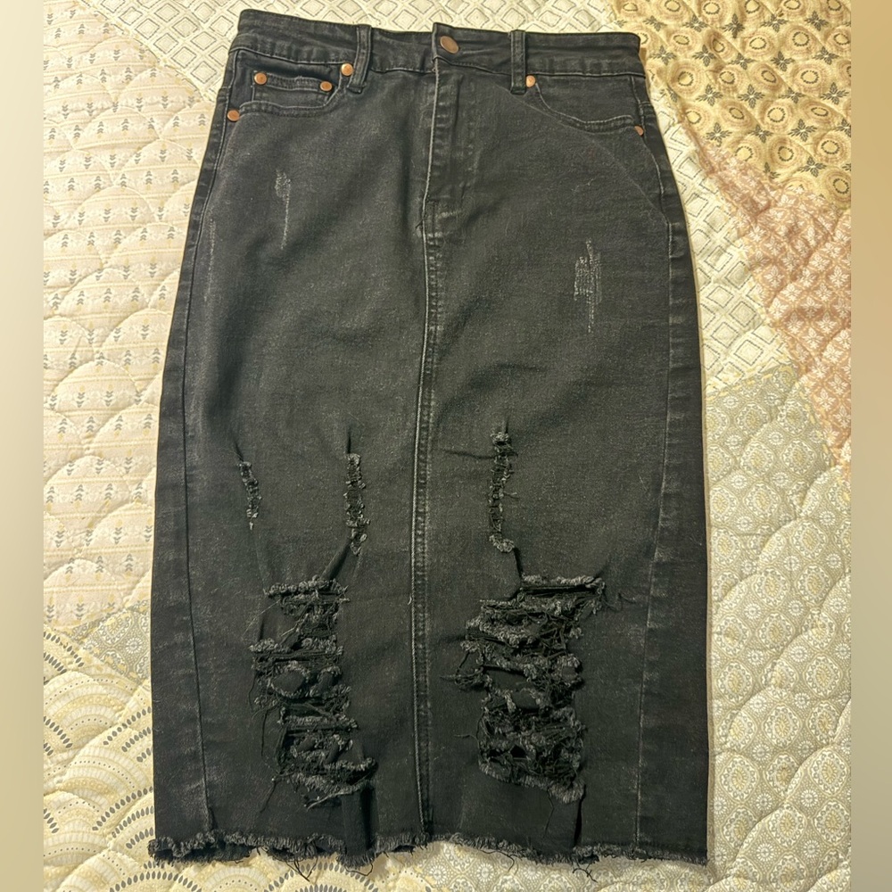 Distressed Black Denim Skirt